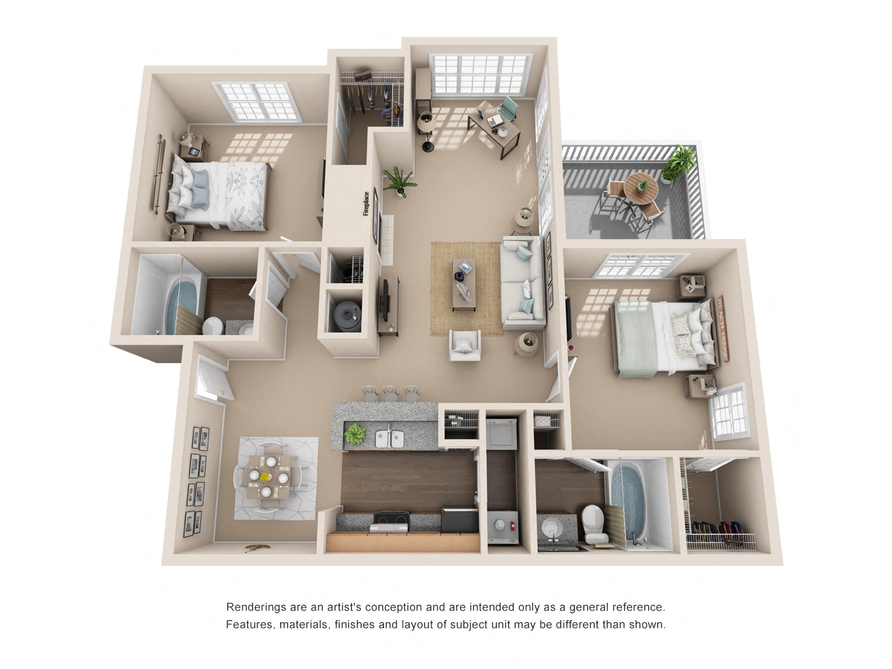 Floor plan for 2 beds, 2 baths, 1280 sqft